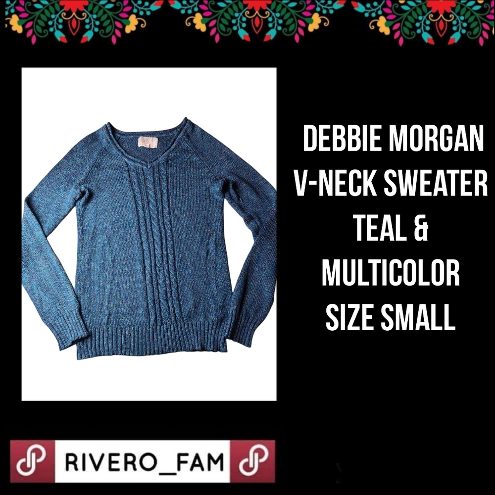 DEBBIE MORGAN | V-NECK SWEATER | TEAL & MULTICOLOR | SIZE SMALL